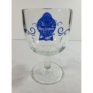 Pabst Blue Ribbon Beer PBR Stemmed Thumbprint Goblet Glass 1970s Brew Vintage